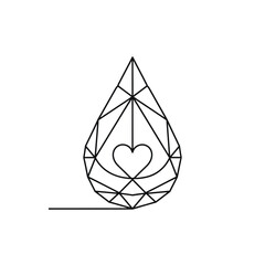 Elegant continuous line art depicts a minimalist geometric crystal teardrop with a delicate heart symbol nestled inside, embodying love and purity.