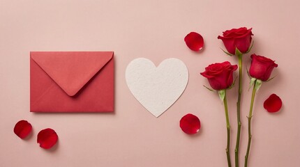 Valentine's Day Red Envelope and Roses on Pink Background