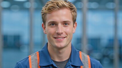 Portrait of a young professional worker smiling at the camera. Confident male engineer or technician in a blue uniform at an industrial factory