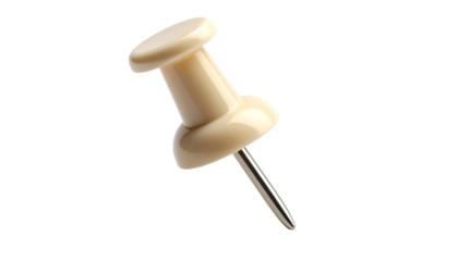 Close-up of a single beige push pin with a shiny metallic pin, isolated on black