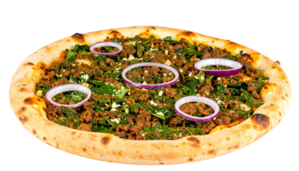 A close-up of a pizza with toppings, featuring meat, spinach, cheese, and red onion rings