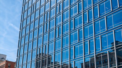 Glass facade of a modern skyscraper. Corporate office building exterior with geometric window patterns and reflections on a sunny day