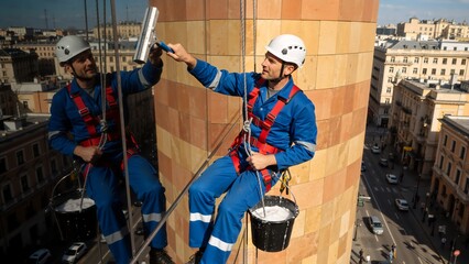 Professional window washer cleaning a skyscraper's glass facade. Industrial climber in a safety harness working at a high altitude