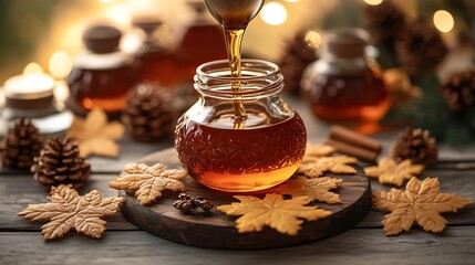 Autumn honey pouring with festive.