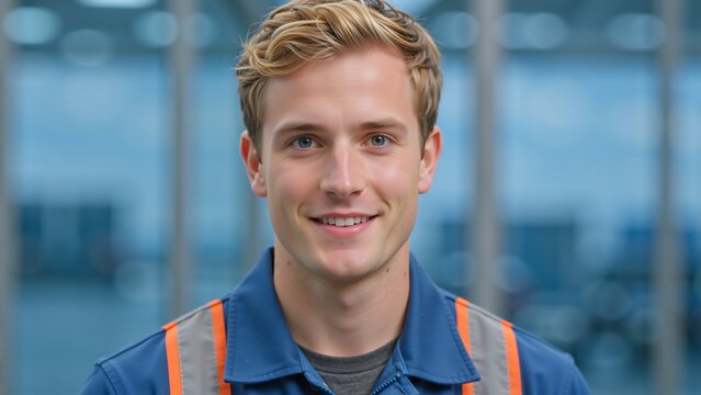 Portrait of a young professional worker smiling at the camera. Confident male engineer or technician in a blue uniform at an industrial factory - Powered by Adobe
