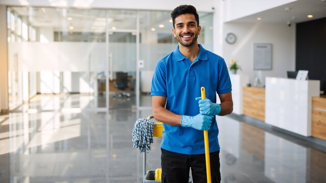 Portrait of a smiling male cleaner in a modern office lobby. Professional janitor with a mop and cart providing commercial cleaning services. Copy space
