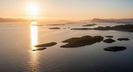 Norwegian coastline drone sunset aerial view