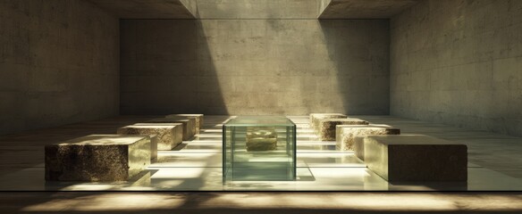 Modern minimalist concrete interior with symmetrical stone benches and glass table
