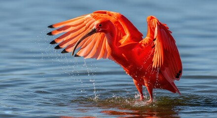 Vibrant scarlet ibis majestically poised by a serene lake, mirroring the expanse of a clear sky, embodying natural tranquility