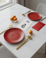 Contemporary Minimalist Chinese New Year Table Setting with Snake Symbol and Clean Design