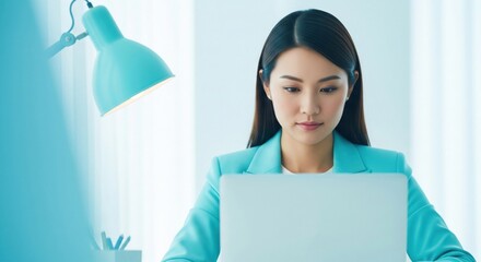 Asian office working girl sits in front of her laptop computer, immersed in work, against a soothing blue turquoise background