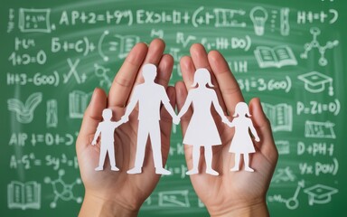 Family unity and support represented by hands holding paper cutout figures in front of a green chalkboard filled with educational formulas and symbols