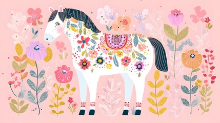 Fototapeta premium Floral Horse Illustration in Folk Art Style and Floral Elements. Scandinavian Horse Illustration. Cute Pony in Spring Flowers and Botanical Elements.