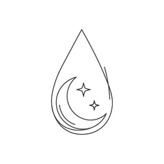 Minimalist single stroke illustration of a clear water drop embracing a gentle crescent moon and sparkling stars, evoking calm and nocturnal beauty.