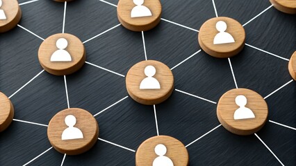 Social Web – Wooden Tokens with Person Icons Connected by White Lines on Dark Surface, social, web, tokens, icons, people, network, lines, wooden, collaboration, communication