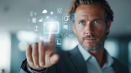 Man interacts with digital interface