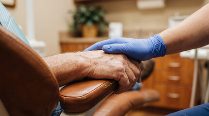 Obraz premium Close up of dentist holding hand of senior patient in clinic. Doctor in blue glove reassuring elderly man in dental chair. International Dentist Day concept