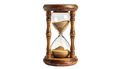 A classic hourglass made of glass and wood, with sand flowing down
