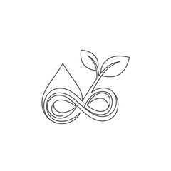 A continuous line drawing beautifully depicts an infinity symbol, water drop, and plant sprout, symbolizing endless eco-friendly sustainability and green future.