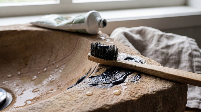 Bamboo toothbrush with black charcoal toothpaste on a stone sink. Eco-friendly dental hygiene concept. Natural oral care products in a bathroom setting