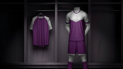 Mannequin dressed in purple sports uniform standing in a locker room with a matching jersey on a hanger