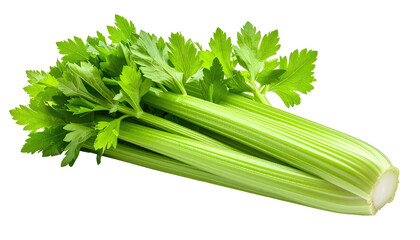 A close-up shot of a fresh celery bunch with bright green leaves and crisp, light green stalks, isolated on a dark background