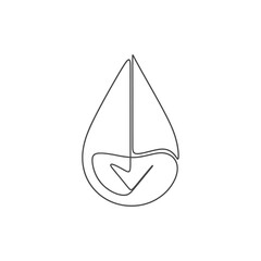 A minimalist continuous line drawing illustrates a stylized water drop with an integrated checkmark, symbolizing purity, quality, and eco-friendliness.