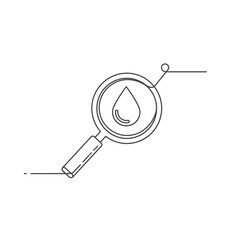 A sleek, continuous line drawing depicts a magnifying glass examining a single water drop, symbolizing analysis, purity, and detailed liquid inspection.
