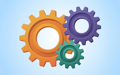 Interconnected gears in orange, purple, and green, symbolizing collaborative machinery, against a soft blue background from a straightforward viewpoint