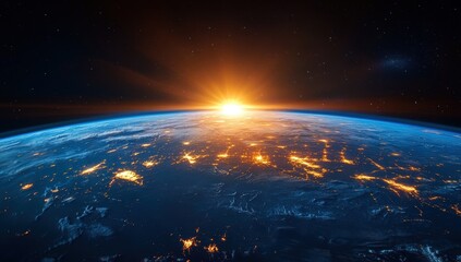 A breathtaking view of Earth from space, showcasing a sunrise above the horizon with glowing cities and a starry backdrop.