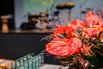 Vibrant red anthurium flowers arranged elegantly on a table, with blurred background elements creating a warm and inviting atmosphere for an event or celebration