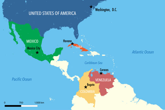 United States Map with Venezuela, Mexico, Cuba and Colombia Highlighting Geopolitical Relations