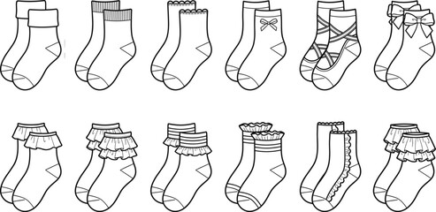 Baby socks collection, cute infant ankle sock designs, ruffled bow lace and ribbed styles, hand drawn line art vector set for kids fashion illustration