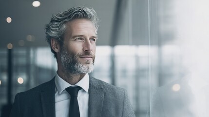 Man looking out window in suit