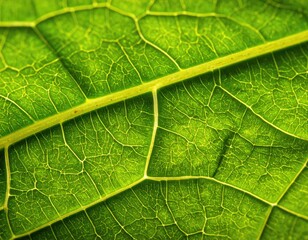 Obraz premium Close-up of a vibrant green leaf, showcasing intricate vein patterns