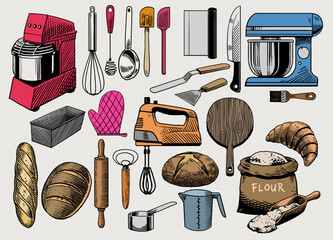 Set Collection of Baking Tools in Hand Drawn Style