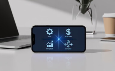 A smartphone on a white desk displays a dark screen with various financial and business icons, surrounded by a laptop and a coffee cup.