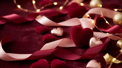 Valentine's Day Red Velvet Hearts and Gold Ribbons on Dark Background