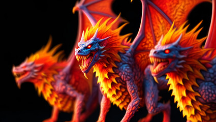 Obraz premium A fierce, two-headed dragon with glowing red eyes and fiery scales roars as flames illuminate its menacing, open jaws and outstretched wings in a dramatic fantasy scene.