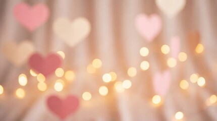 Soft Pink Bokeh Background with Blurry Floating Hearts and Warm Fairy Lights