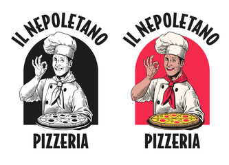 Vintage Hand Drawn Logo Style of Pizza Chef