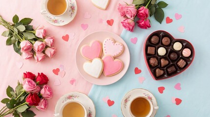 Valentine's Day Heart Cookies, Chocolates, and Roses Flat Lay on Pink and Blue Background