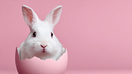 Obraz premium A fluffy white bunny emerges from a cracked pink egg against a pastel pink backdrop, embodying themes of spring, rebirth, and new beginnings. Ideal for seasonal greetings.