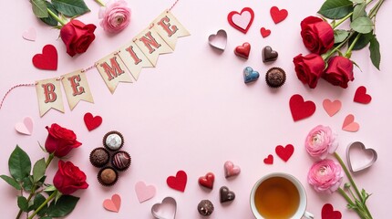 Valentine's Day Pink Background with Red Roses, Chocolates, and 'Be Mine' Banner