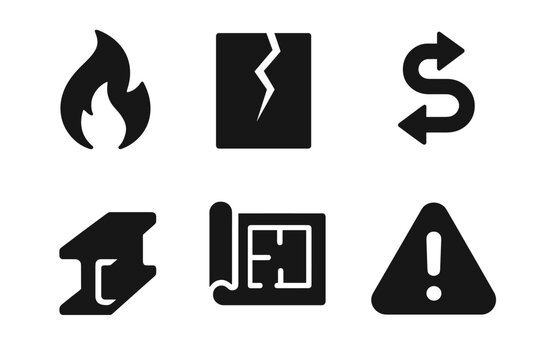Architectural Symbols of Anger. Solid style icons of anger channel architects: flame, jagged wall, arrow path, structural beam,