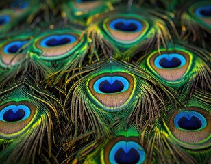 Fototapeta premium Close-up of vibrant, patterned feathers with eye-like shapes