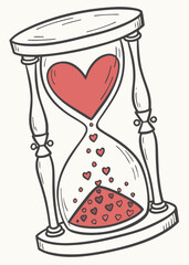 A whimsical hourglass illustration where a large red heart in the top chamber slowly releases smaller hearts into the bottom, symbolizing love flowing and growing over time.