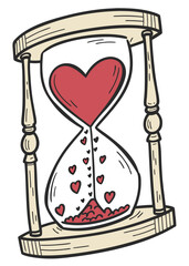 A hand-drawn, stylized illustration of an hourglass with a romantic theme.