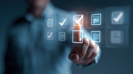 Man touching digital checklist on transparent