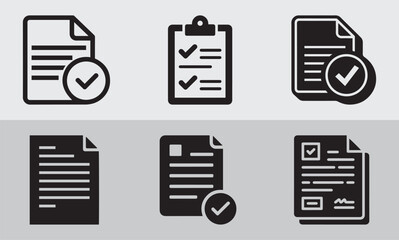 Approval Document Checkmark Compliance Icons Set Vector. Business Document Verification and Checklist Icon Set for Task Management and Approval. Business, Verification, Management Concepts.